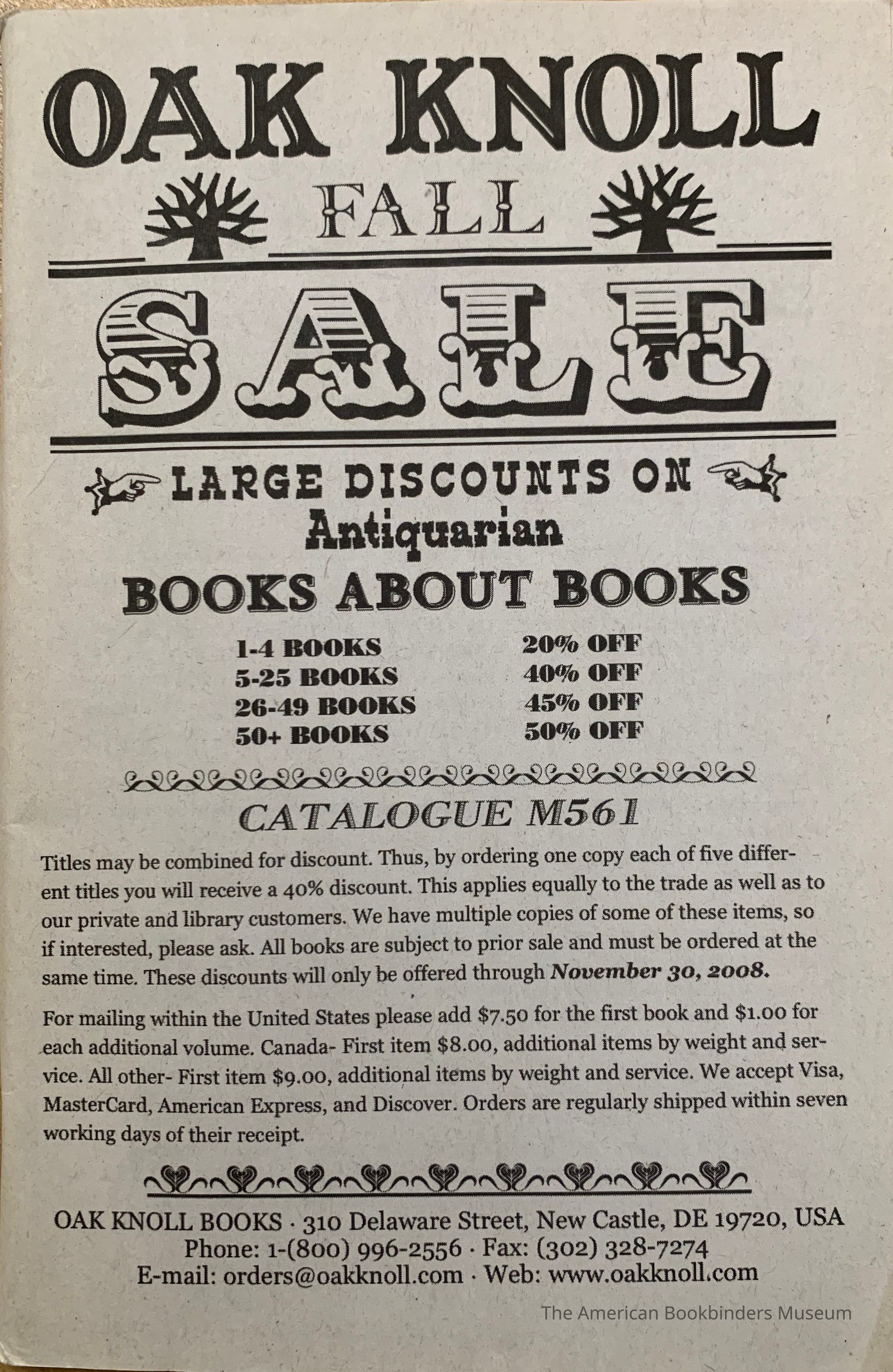 Oak Knoll fall sale, ... Antiquarian books about books. Catalogue M561. picture number 1