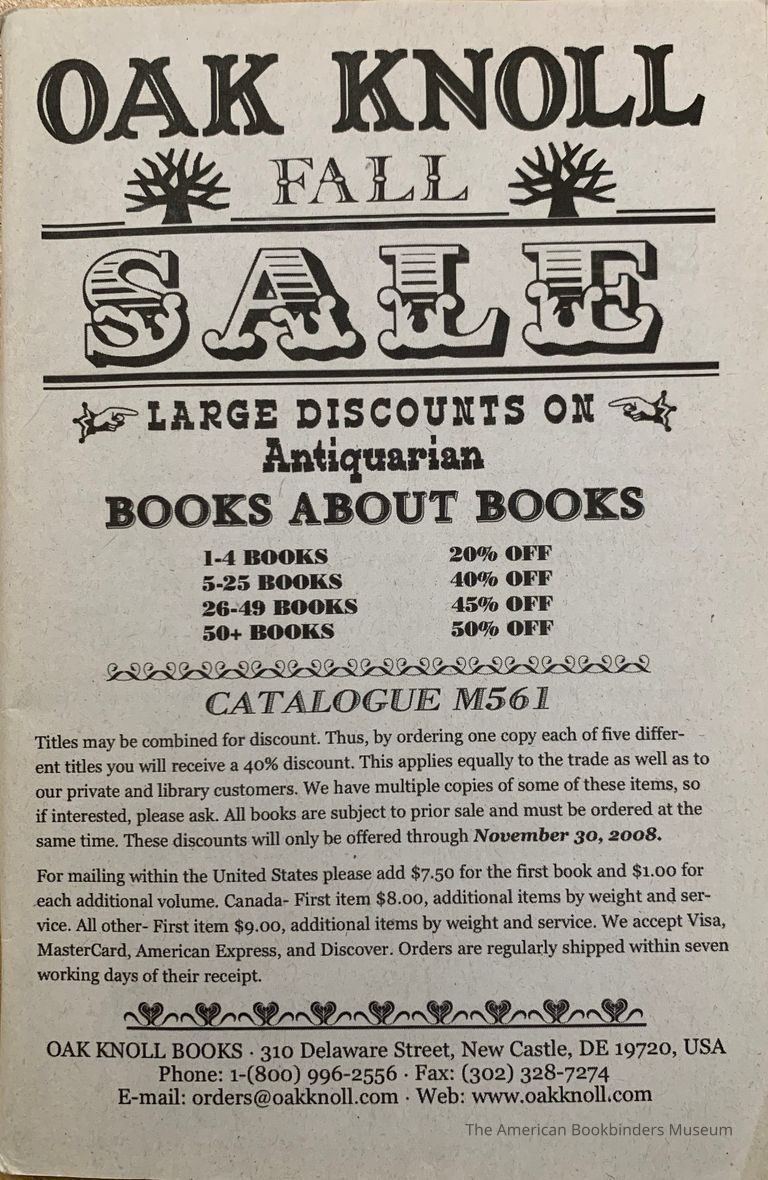          Oak Knoll fall sale, ... Antiquarian books about books. Catalogue M561. picture number 1
   