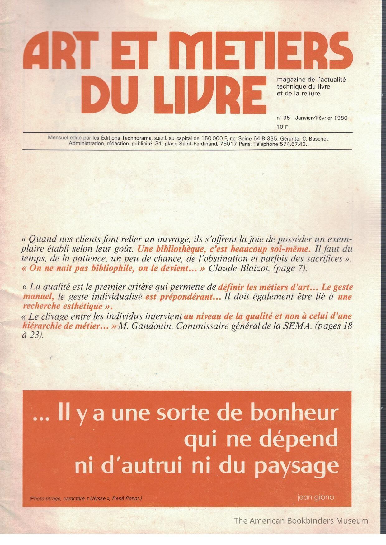 Art et metiers du livre: no. 95 Janvier/Février 1980 picture number 1