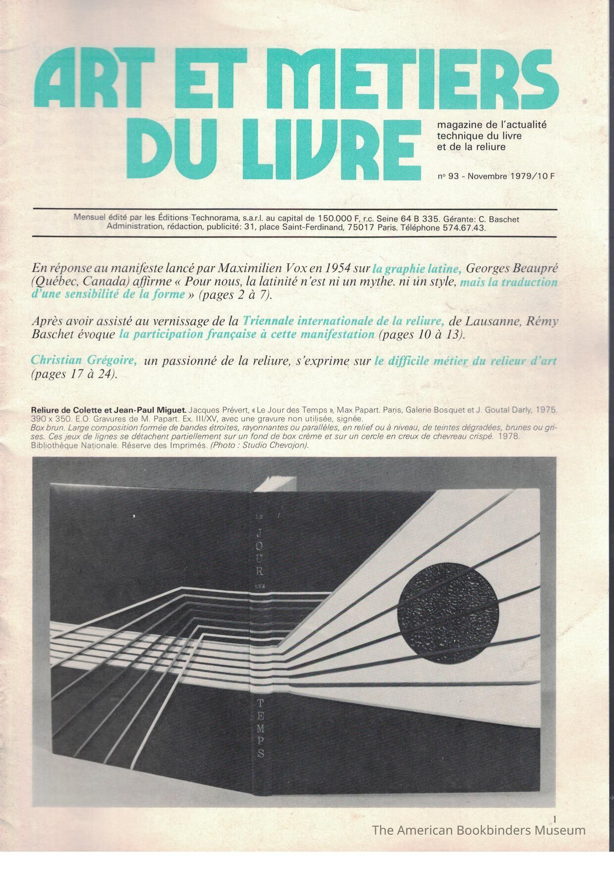 Art et metiers du livre: no. 93 Novembre 1979 picture number 1