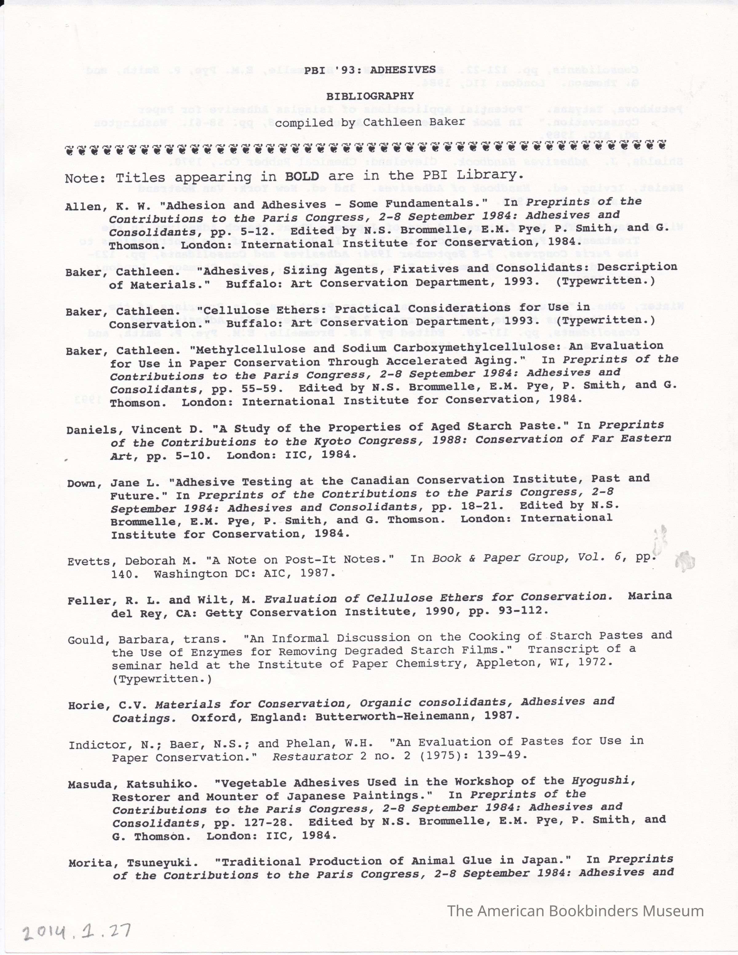          PBI' 93: Adhesives Bibliography/Cathleen A. Baker picture number 1
 