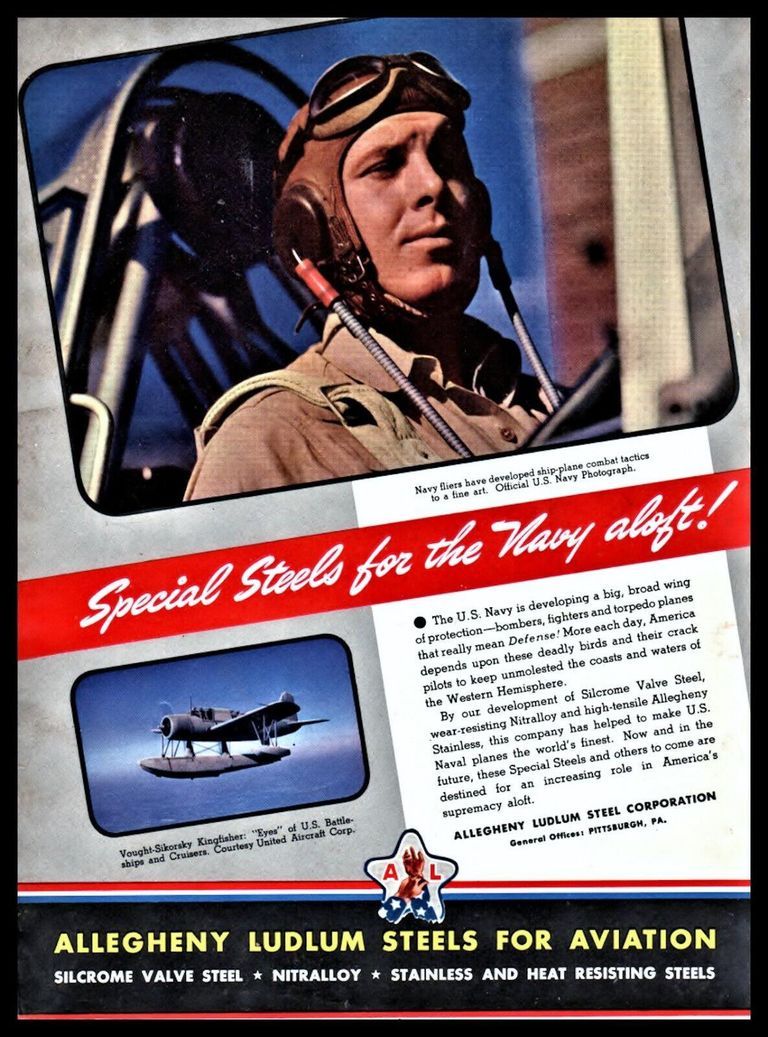          An Allegheny Ludlum Steels For Aviation advertisement featuring an OS2U Vought Kingfisher. c1942. picture number 1
   
