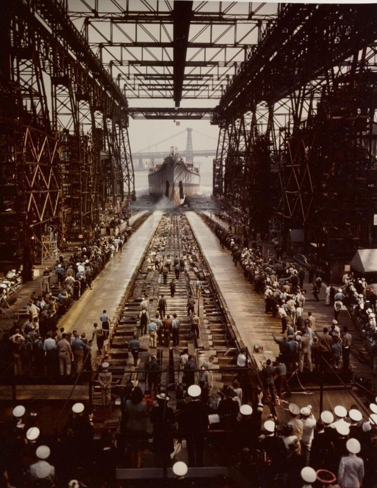          USS Iowa leaving builders slipway into the East River, with the Brooklyn Bridge in the distance. Rare color photo 80-G-K-13514. picture number 1
   