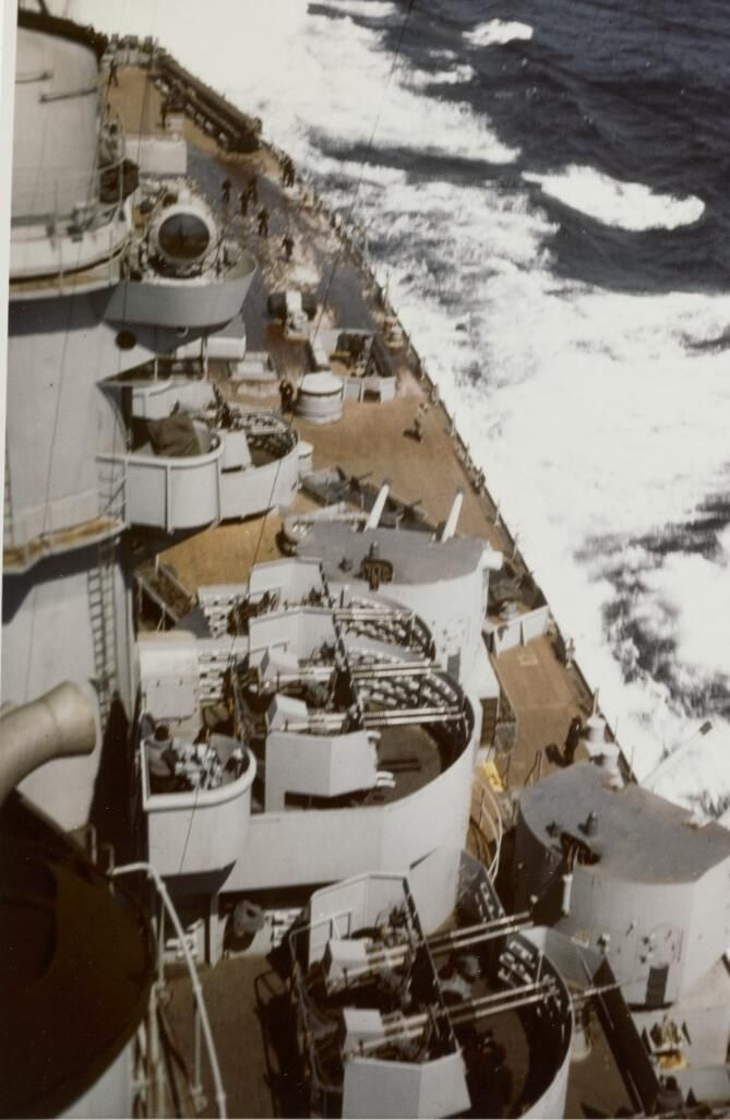          Port view of IOWA underway during trials. Details of search lights, 40mm and 5 inch gun mounts. May 1943 - 80-G-K-6064. picture number 1
   