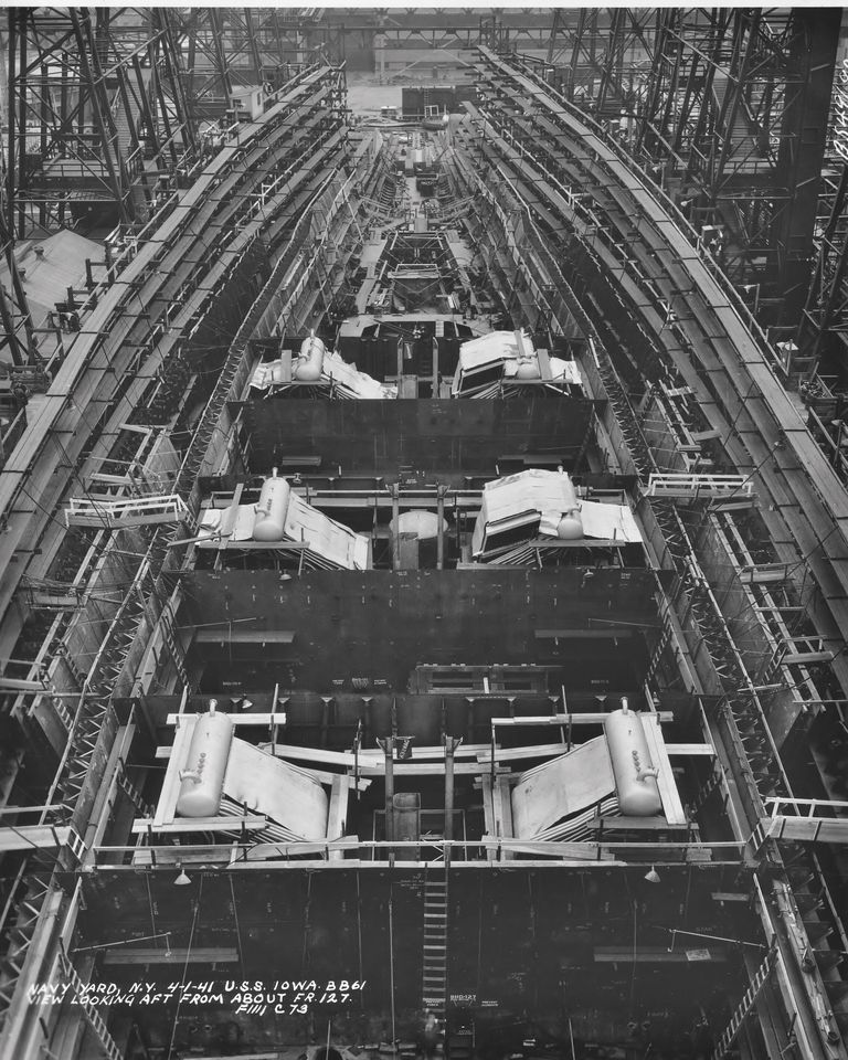          USS Iowa under construction looking aft from Frame 127 showing 6 of 8 boilers and 3 of 4 fire rooms - April 1, 1941 - F1111C73 picture number 1
   