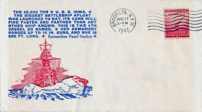          USS Iowa commemorative launch postal cover. Iowa's launch weight was then the heaviest ever for the US Navy. 