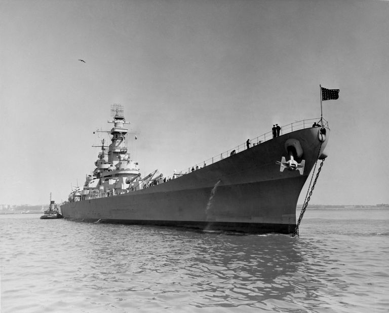          USS Iowa anchored in Gravesend Bay after moving from Bayonne NJ dry dock. March 29, 1943 - USN 60010. picture number 1
   