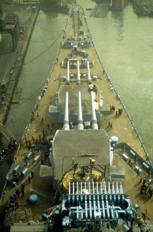          Aerial view of IOWA's bow. Note the Mk 38 Fire Control's Mk 8 radar antenna array (bottom of photo). - 80-G-K-824 picture number 1
   