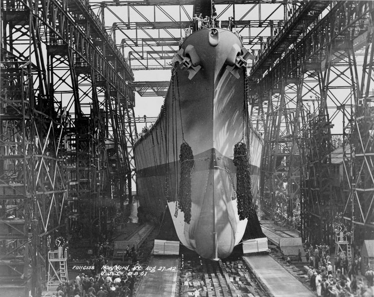          USS Iowa sliding down the slipway into the East River after being christened at the Brooklyn Navy Yard. F1111C158 picture number 1
   