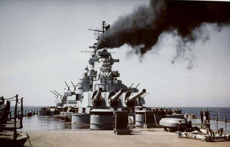          IOWA underway, making heavy smoke during sea trials. May, 1943 - 80-G-K-6062. picture number 1
   