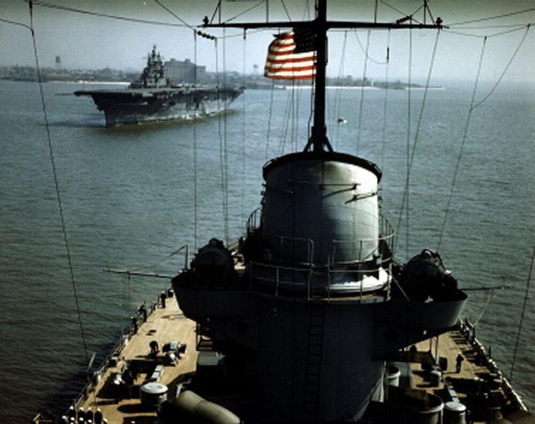          IOWA looking aft from forward superstructure, with USS Lexington CV-16 possibly astern. May 18, 1943 - 80-G-K-6061. picture number 1
   