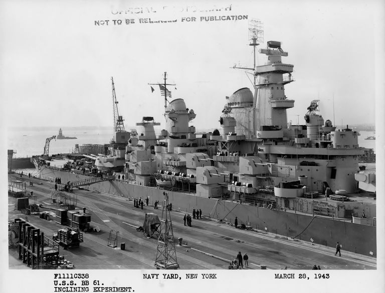          Starboard view of USS Iowa in Bayone NJ dry dock for inclining experiments. March 28, 1943 - F1111C338. picture number 1
   
