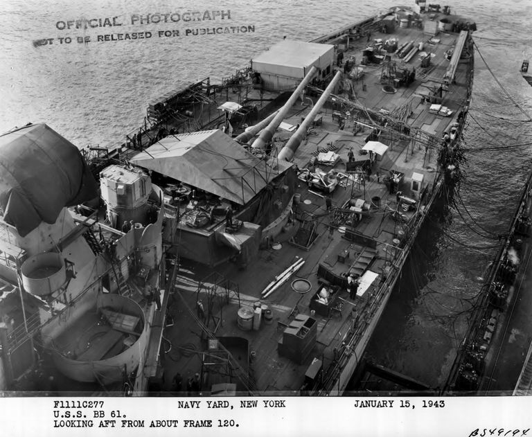          Aerial view of IOWA fitting out from overhead crane looking aft from frame 120. January 15, 1943 - F1111C277 picture number 1
   