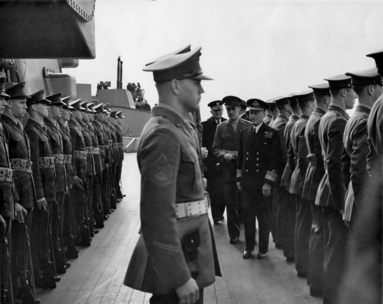          RADM Sir Walwyn, Royal Navy - Governor General of Newfoundland inspects IOWA’s Marines. October 15, 1943. picture number 1
   