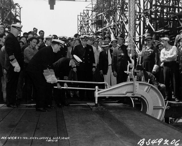          USS Iowa ceremonial keel laying with workers & shipyard officials at New York Navy Yard, Brooklyn - June 27, 1940 - F1111C17 picture number 1
   