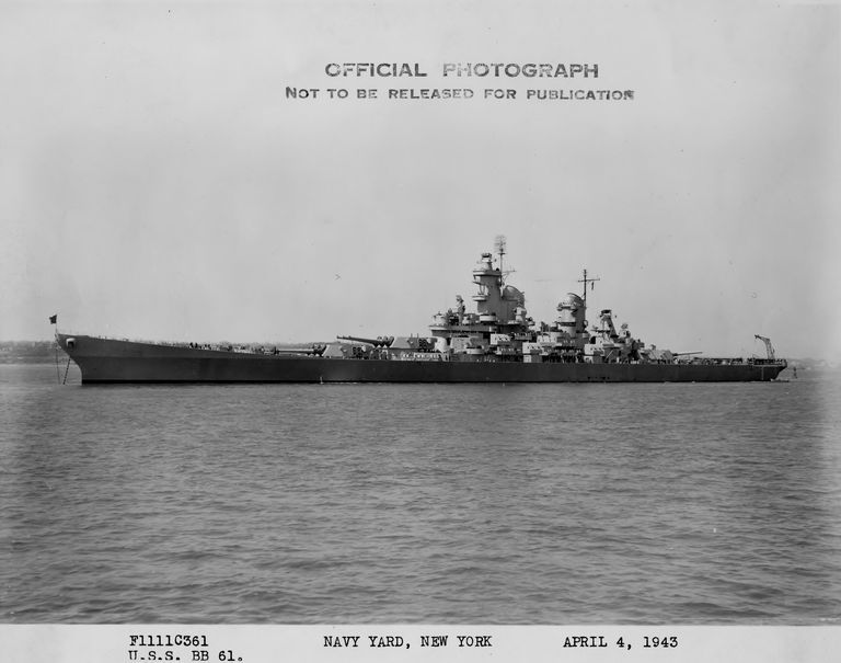         USS Iowa anchored off New York, wearing Measure 22 camouflage. April 4, 1943 - F1111C361. picture number 1
   