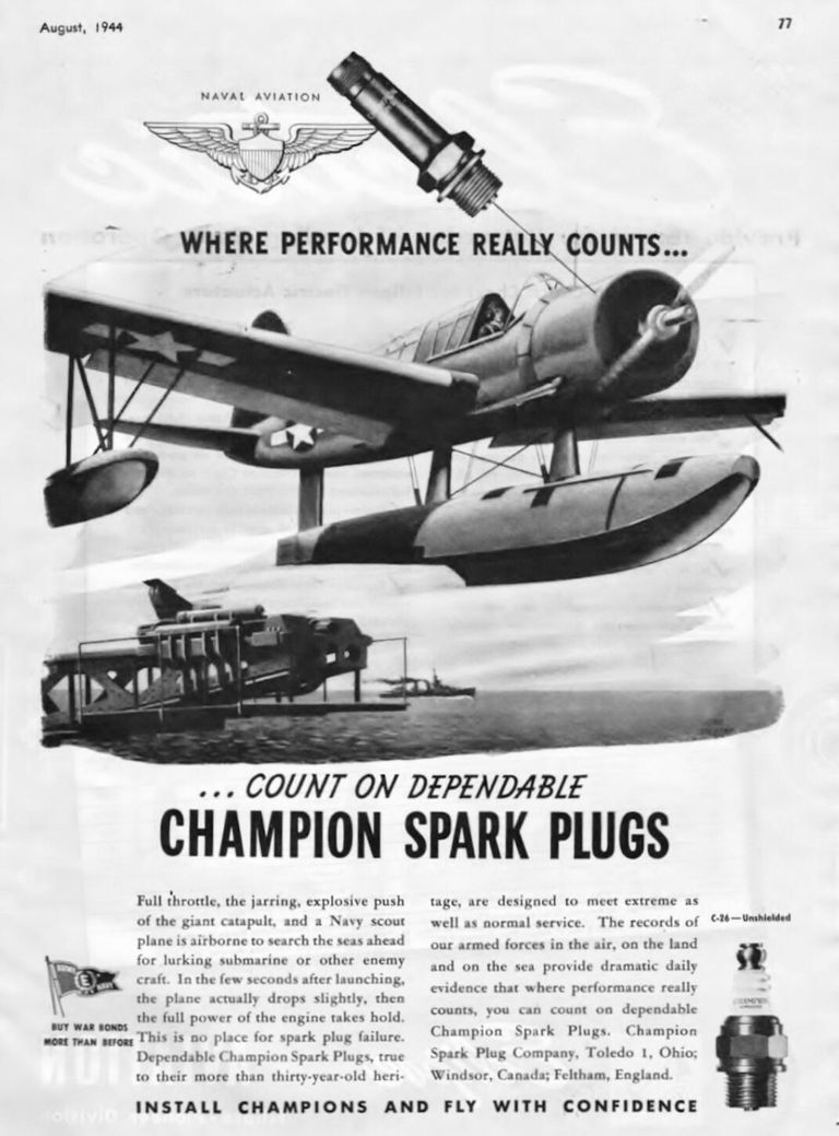          An August 1944 Champion Spark Plugs advertisement featuring an OS2U Vought Kingfisher. picture number 1
   