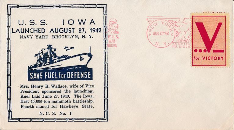          USS Iowa commemorative launch postal cover. Note that Iowa will be the first 45,000 displacement ton (standard) battleship. picture number 1
   