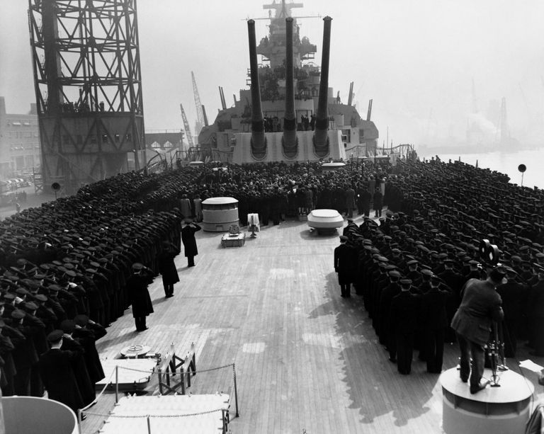          View from IOWA's stern facing forward towards the Commissioning speakers aft of Turret 3. Feb 22, 1943 - USN photograph. picture number 1
   