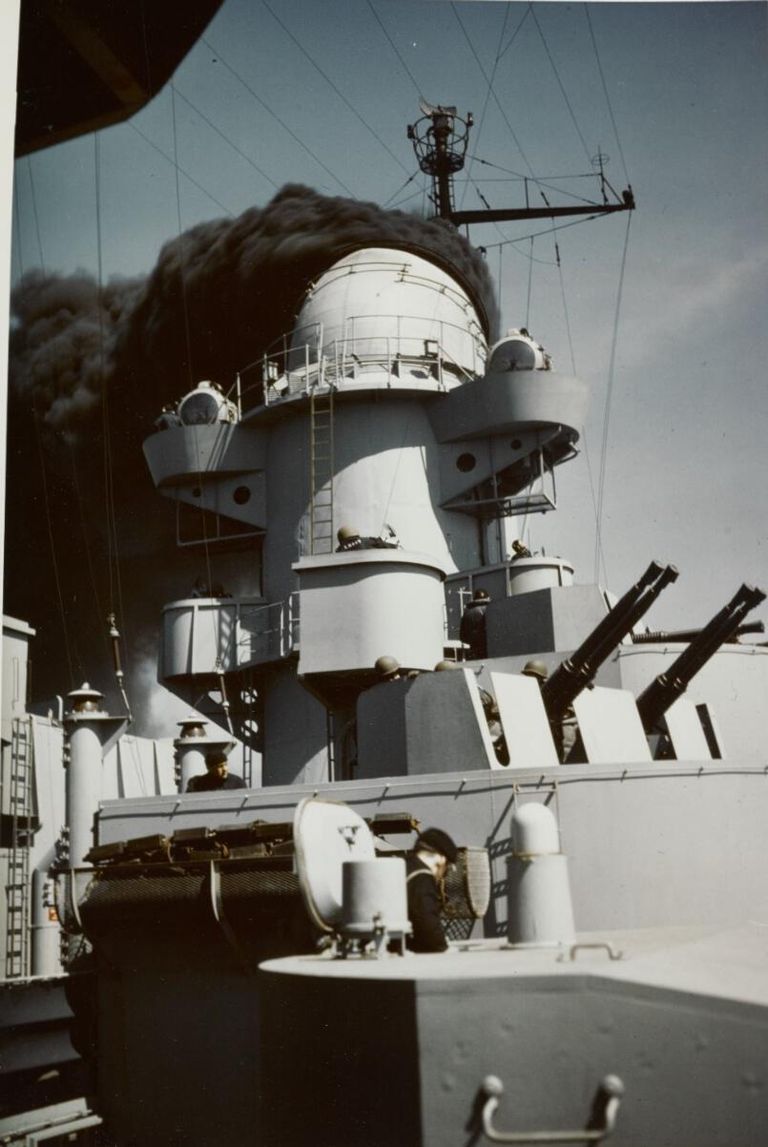          IOWA's 2nd stack search lights, Mk 51 directors, 40mm gun mounts, and floater net baskets. May, 1943 - 80-G-K-6063. picture number 1
   