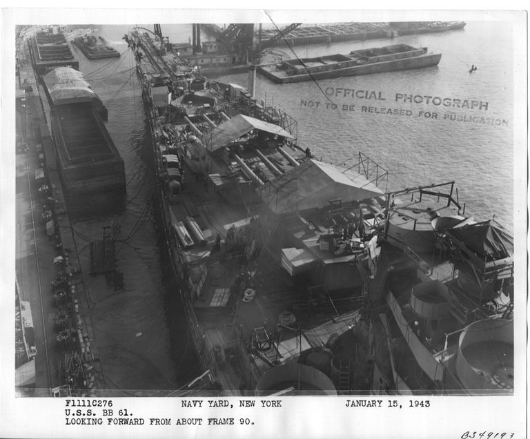          Aerial view of IOWA fitting out from overhead crane looking forward from frame 90. January 15, 1943 - F1111C276 picture number 1
   