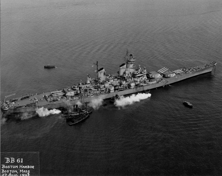          IOWA at anchor off Boston preparing to depart for Newfoundland. August 27, 1943 - 80-G-76243 picture number 1
   