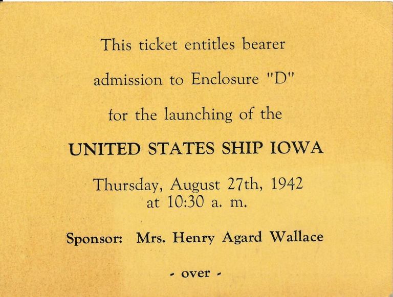          USS Iowa launch admission ticket at the Brooklyn Navy Yard (front) - August 27, 1942. picture number 1
   