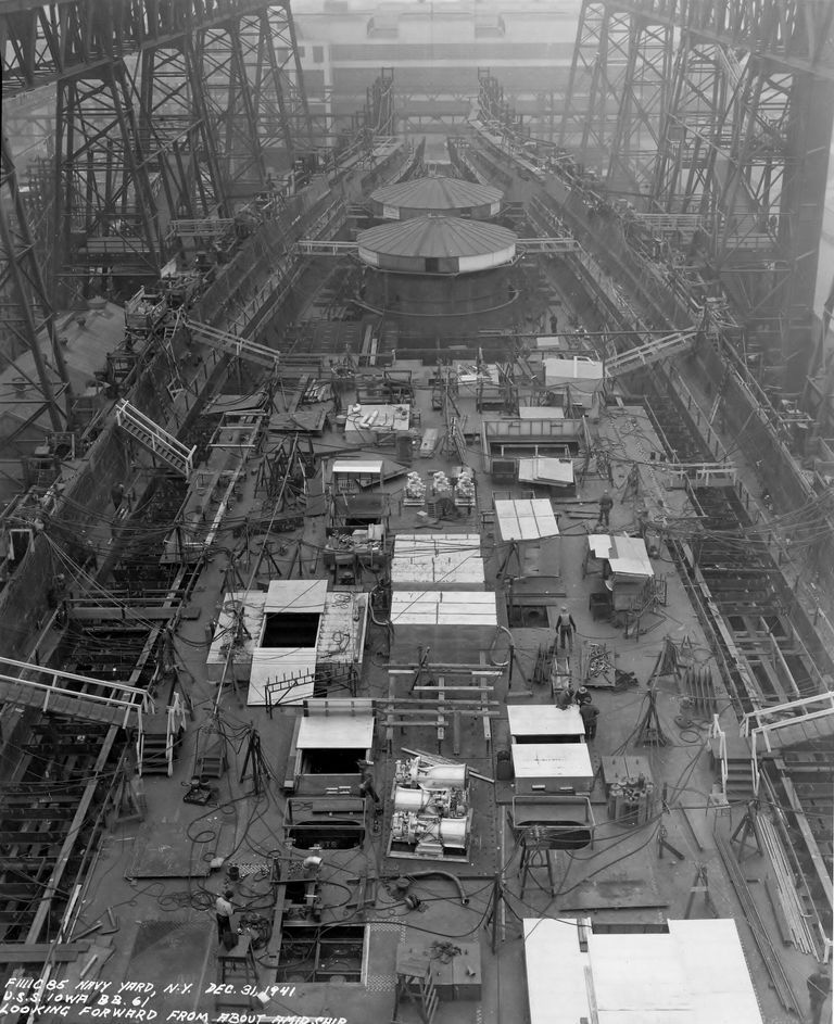          USS Iowa looking forward viewed from amidship at enclosed Turret 1 & 2 foundations and 2nd Deck - December 31, 1941 - F1111C85 picture number 1
   