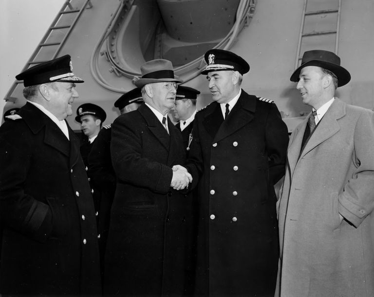          L to R - RADM E. J. Marquart, SECNAV Frank Knox, IOWA CO Capt John McCrea & Iowa Gov Burton B. Hickenlooper. - NH 70495 picture number 1
   