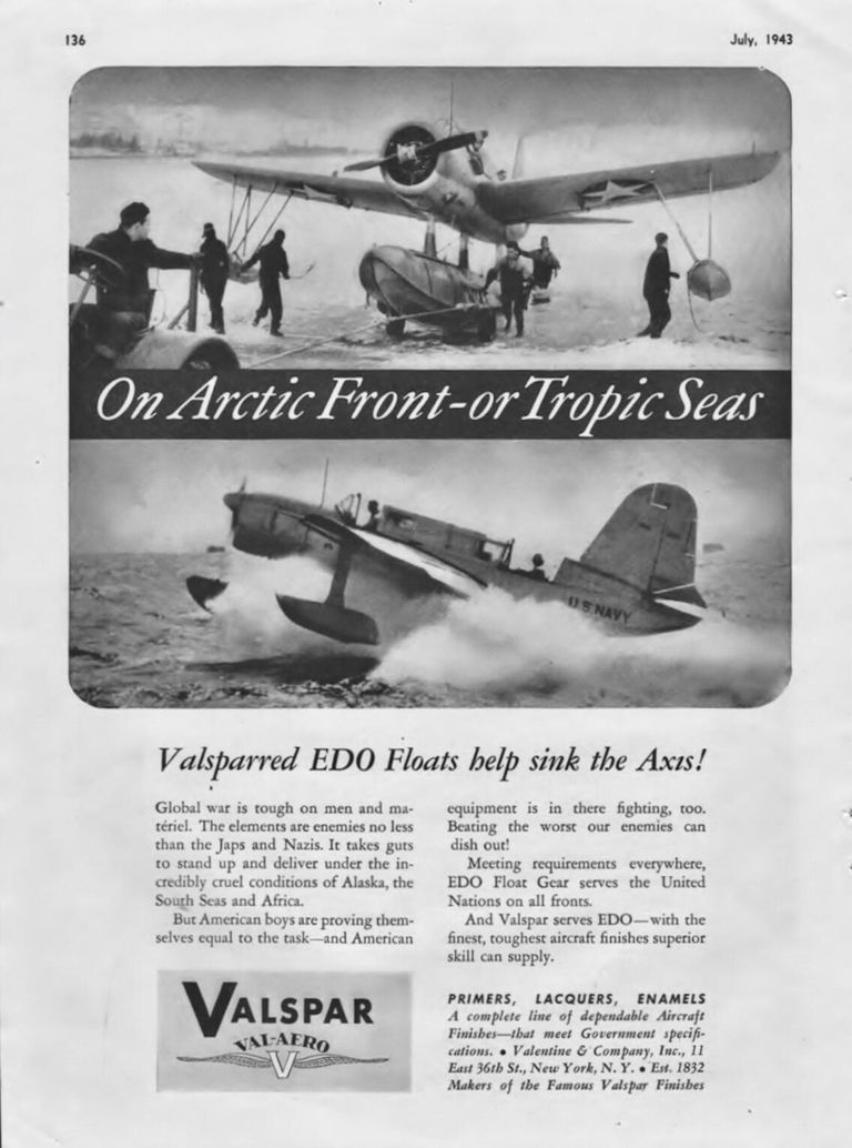          An advertisement for Valspar aircraft EDO Float Gear finishes on OS2U Vought Kingfisher float planes. July 1943. picture number 1
   