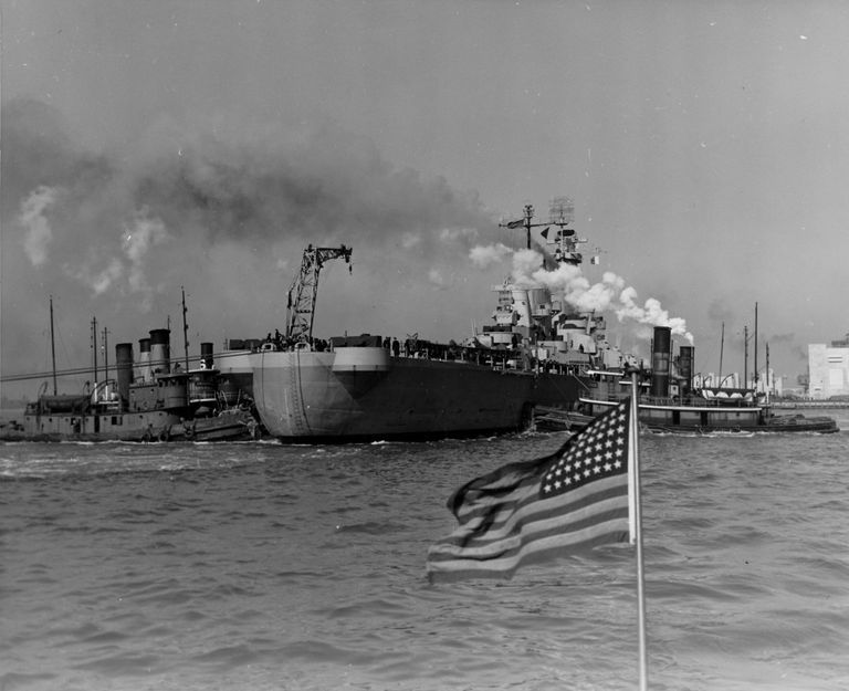          USS Iowa being tugged from Bayone NJ dry dock to Gravesend Bay. March 29, 1943 - US Navy photo. picture number 1
   