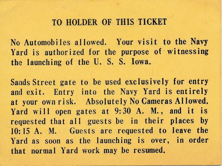          USS Iowa launch admission ticket at the Brooklyn Navy Yard (back) - August 27, 1942. picture number 1
   