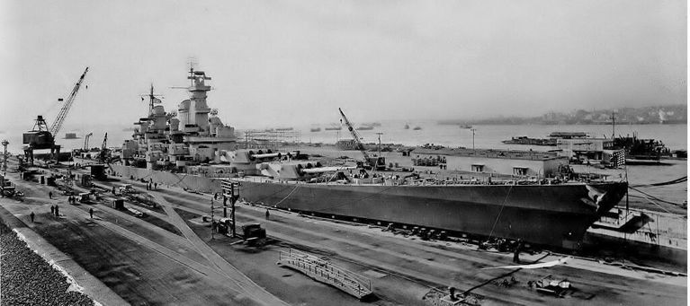          Full view of USS Iowa in Bayone NJ dry dock for inclining experiments. March 28, 1943 - F1111C341. picture number 1
   