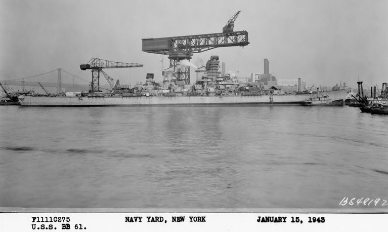          IOWA fitting out, shown with large cranes in position over the hull and superstructure. January 15, 1943 - F1111C275 picture number 1
   