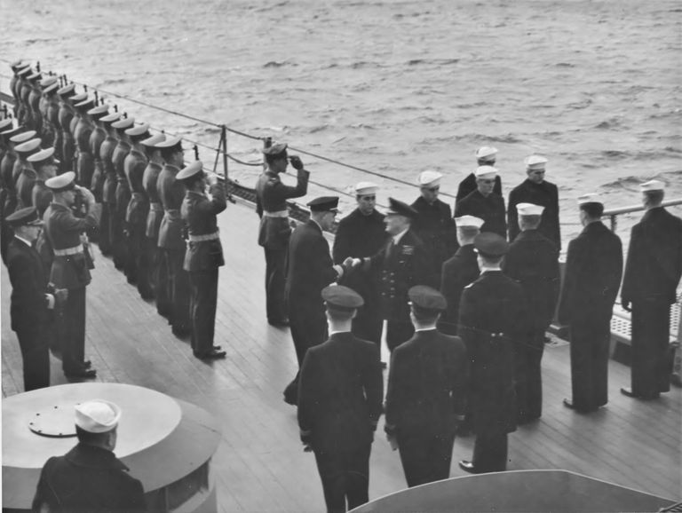          IOWA's CO Capt. McCrea welcomes RADM Sir Walwyn, Royal Navy - Governor General of Newfoundland. October 15, 1943. USN photo. picture number 1
   