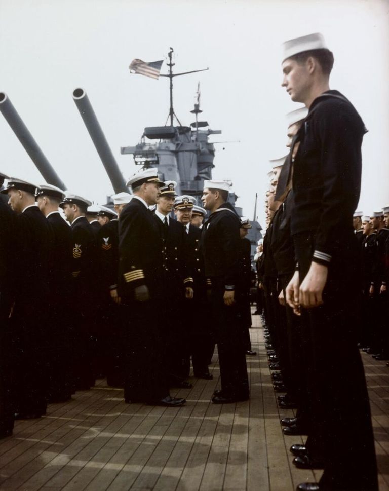          IOWA's Commanding Officer Captain John L. McCrea inspecting his crew. Spring 1943 - 80-G-K-6121. picture number 1
   