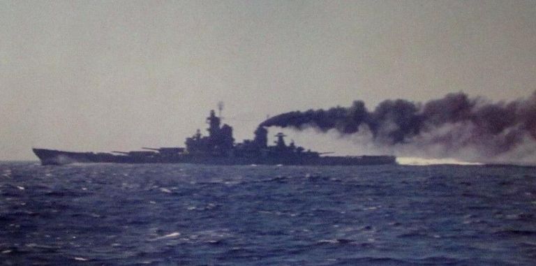          IOWA underway at high speed. Note the ship's stern wake. July 15, 1943 - US Navy photo. picture number 1
   