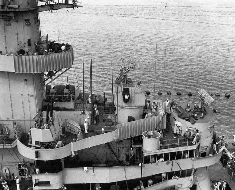 IOWA's superstructure details, as built with a 04 Level open bridge. Boston, November 1943. picture number 1