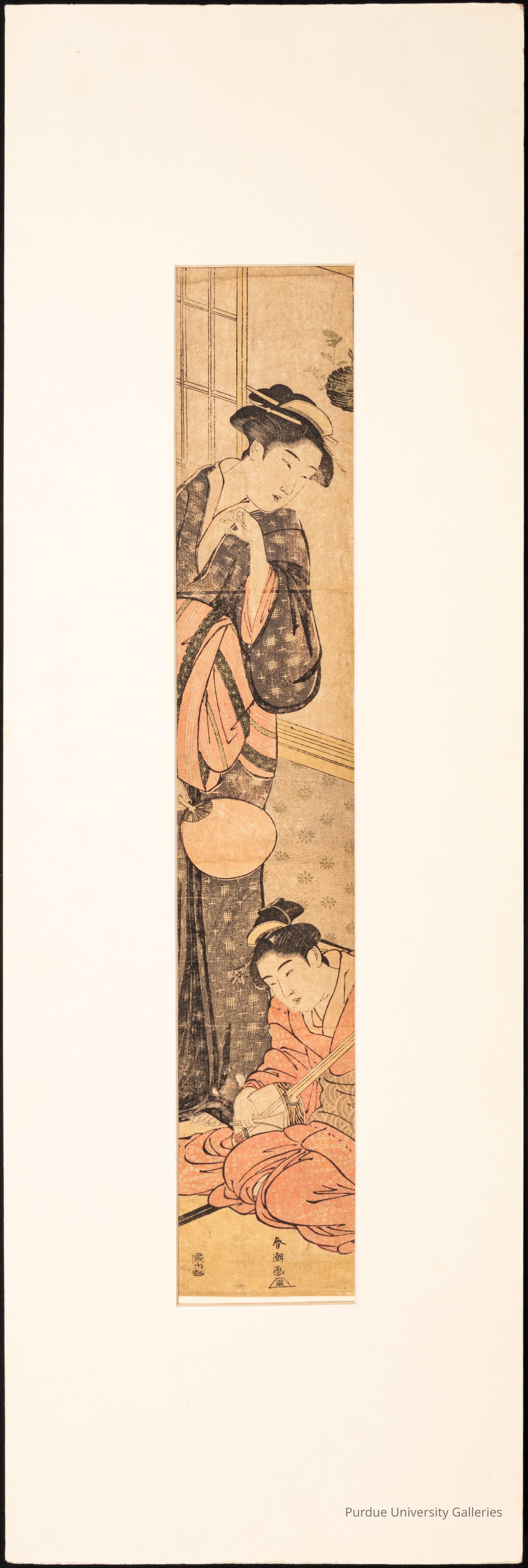 Standing Woman with Fan and Seated Woman Playing Shamisen hashira-e picture number 1