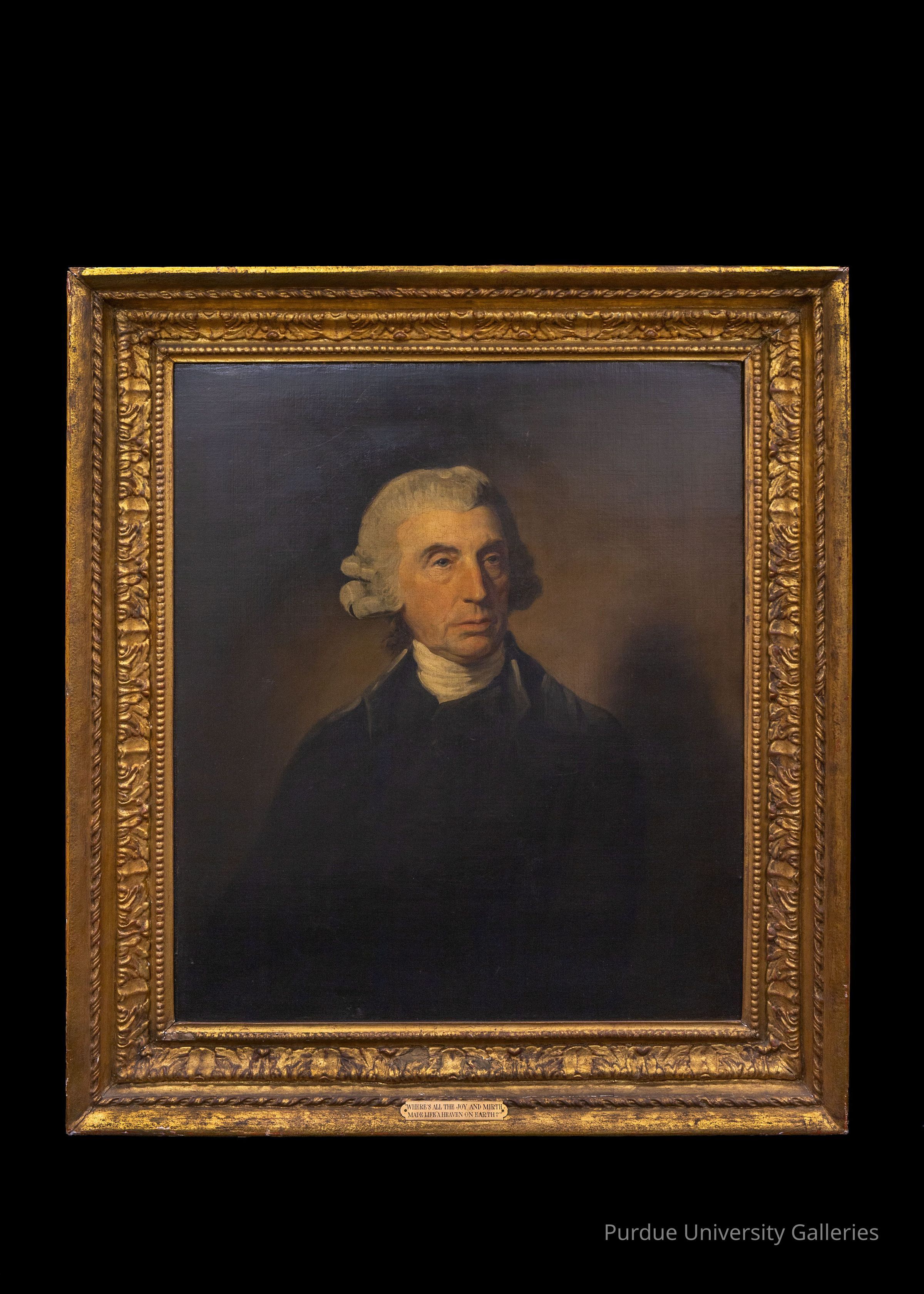 The image features a classical oil painting of an elderly man displayed in an ornate gold frame, set against a dark background. The subject, portrayed with a solemn expression, wears a black coat and white neckcloth, and his white hair is styled in a period-appropriate manner. A plaque at the bottom of the frame identifies the subject as being 73 years old and hints at his notable intellectual contribution, though his exact identity is not disclosed in the image. The overall presentation suggests the painting's significance