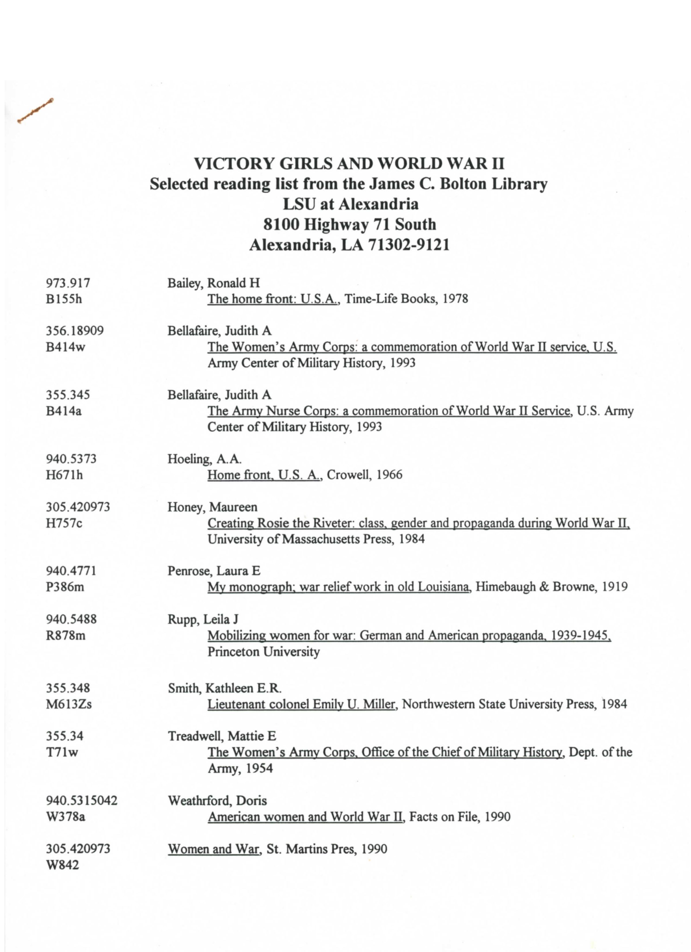 Victory Girls and World War II Reading List