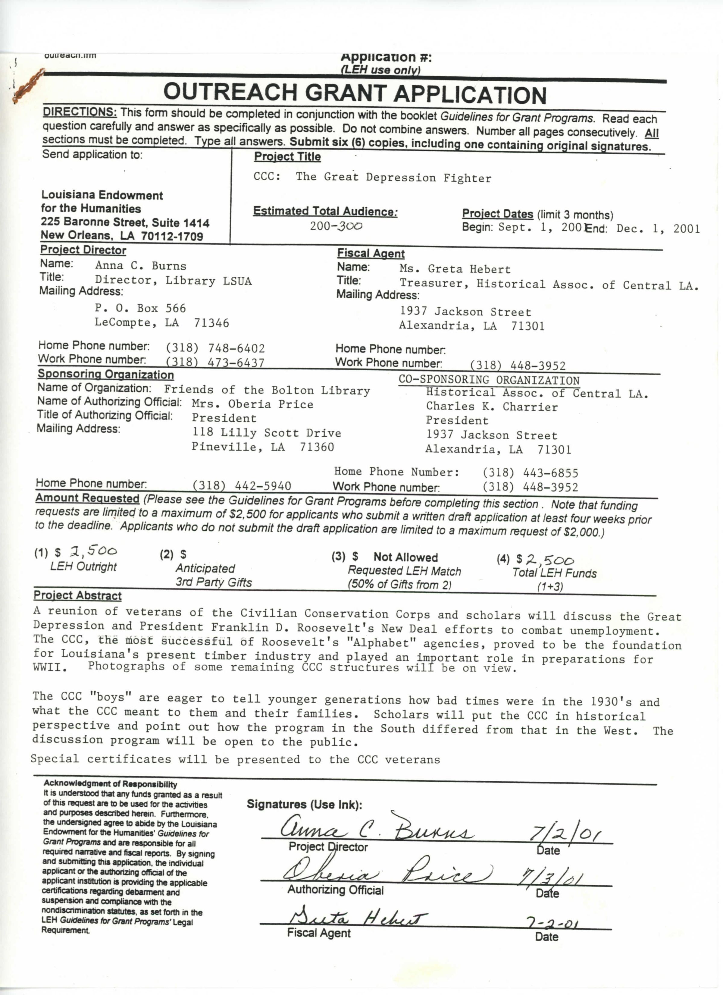 LEH Outreach Grant Application: Page 1