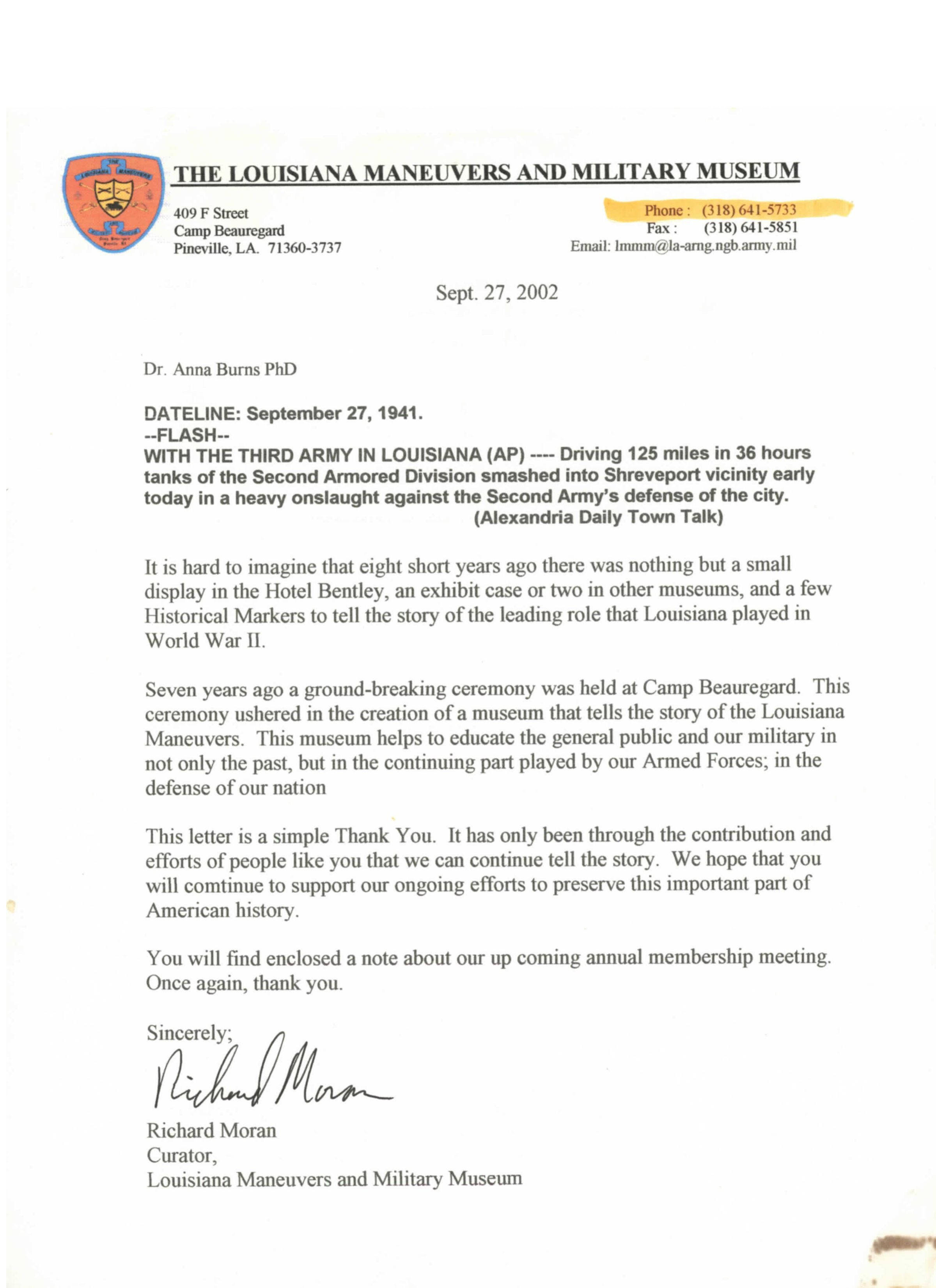 A thank you letter to Dr. Burns