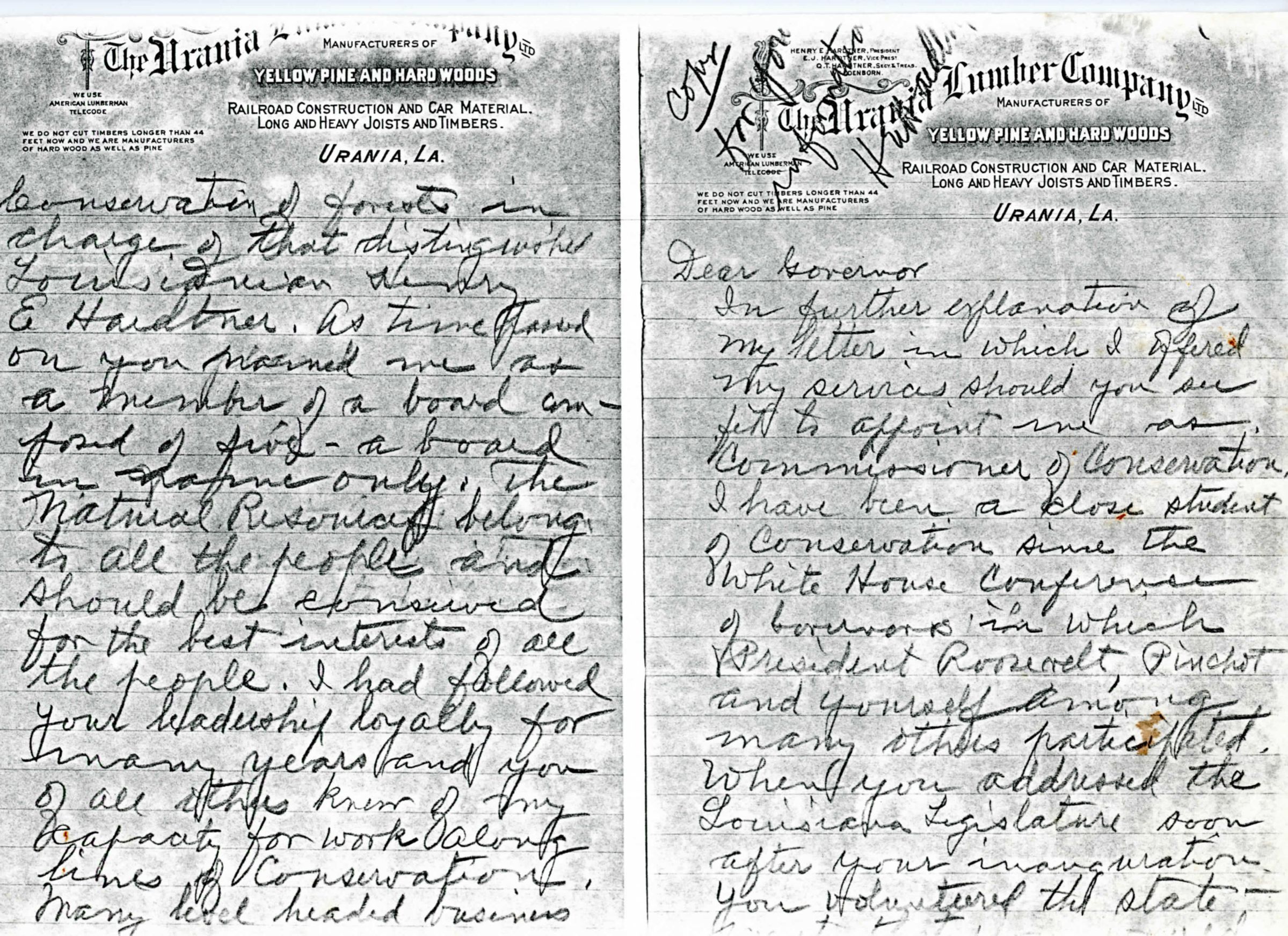 to the unknown persons on Urania Lumber Company letterhead: Page 1