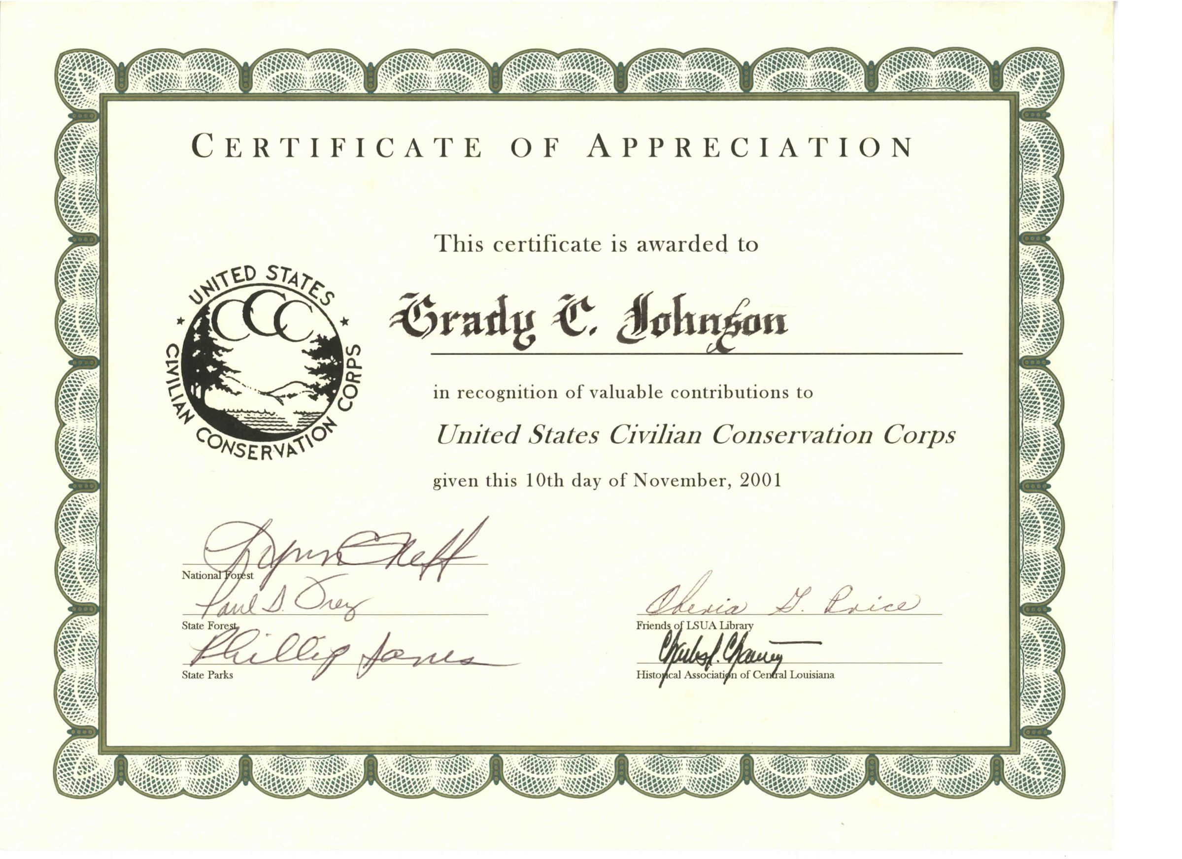 Grady Johnson certificate of appreciation