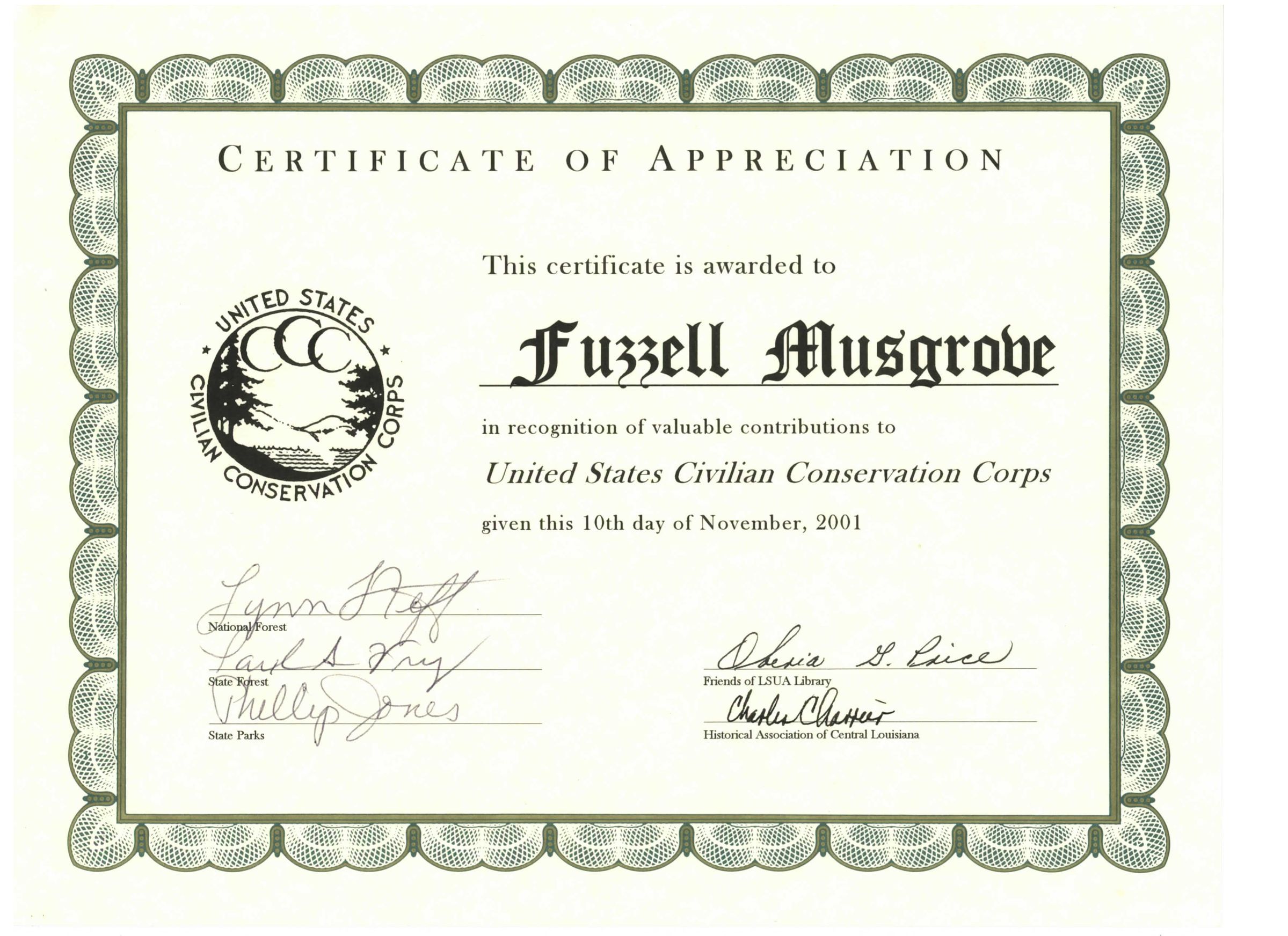 Fuzzel Musgrobe certificate of appreciation