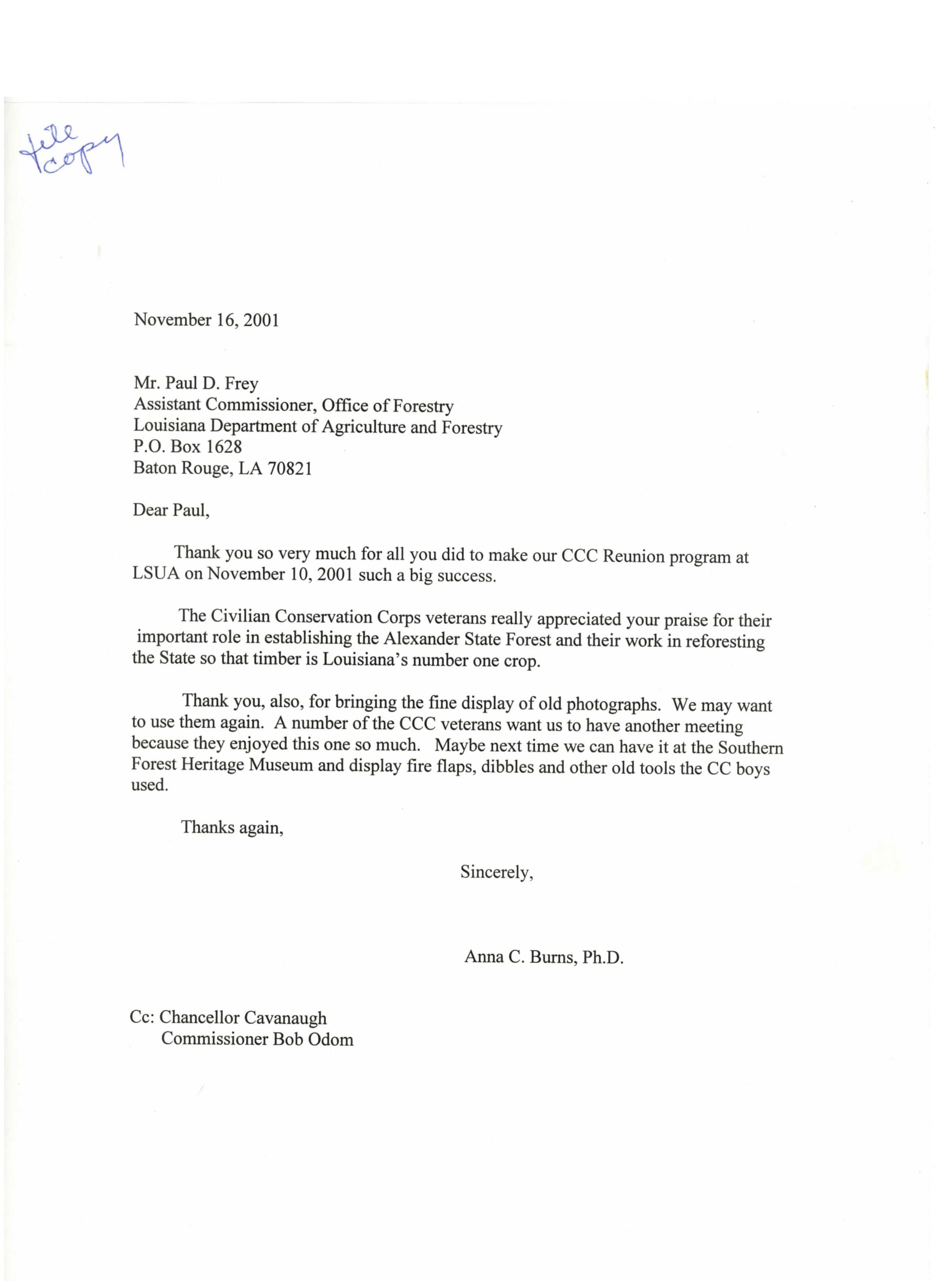 letter to Paul Frey from Dr. Burns: Page 1