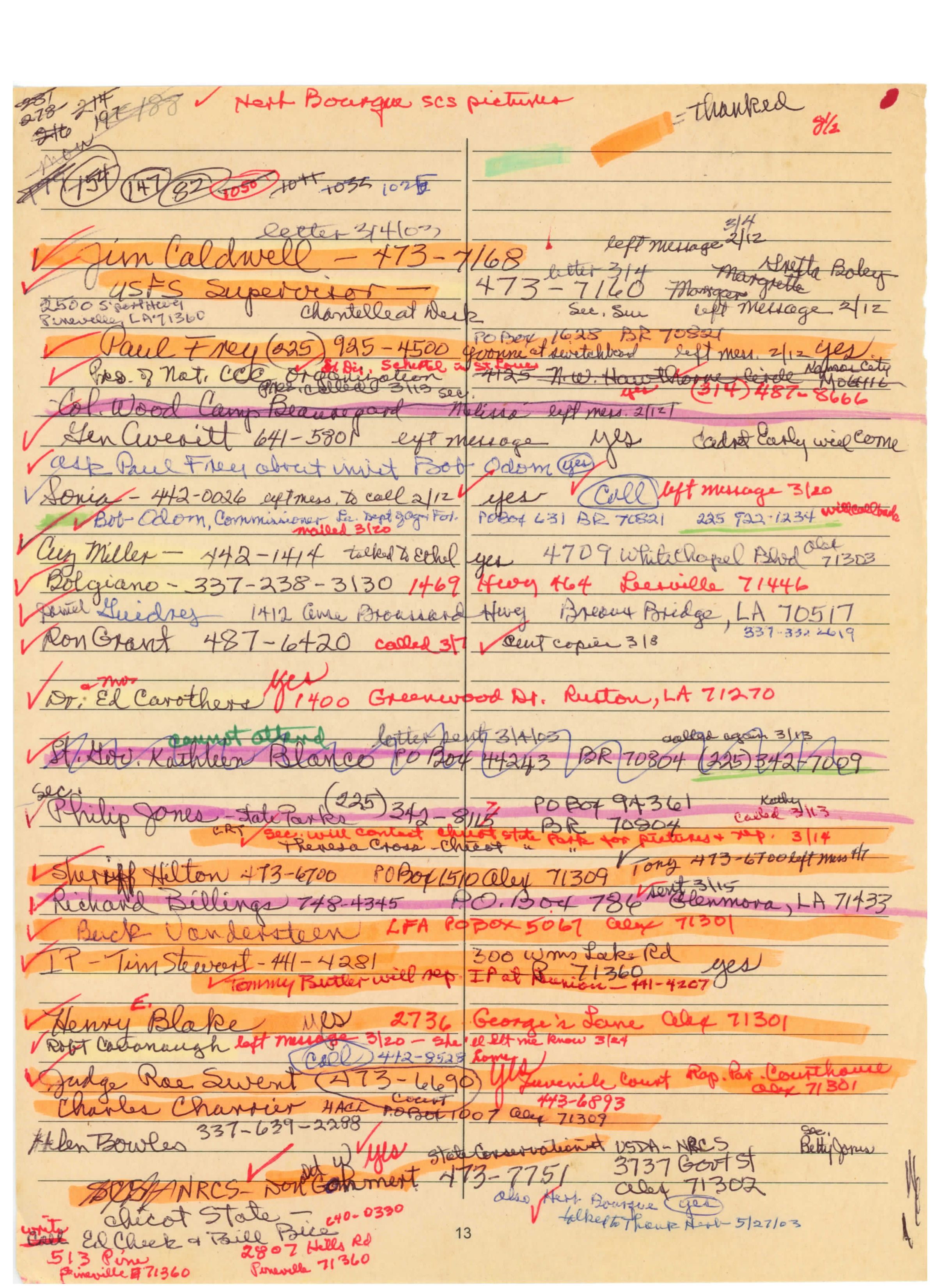 Thank You Mail List: Names and phone numbers or addresses