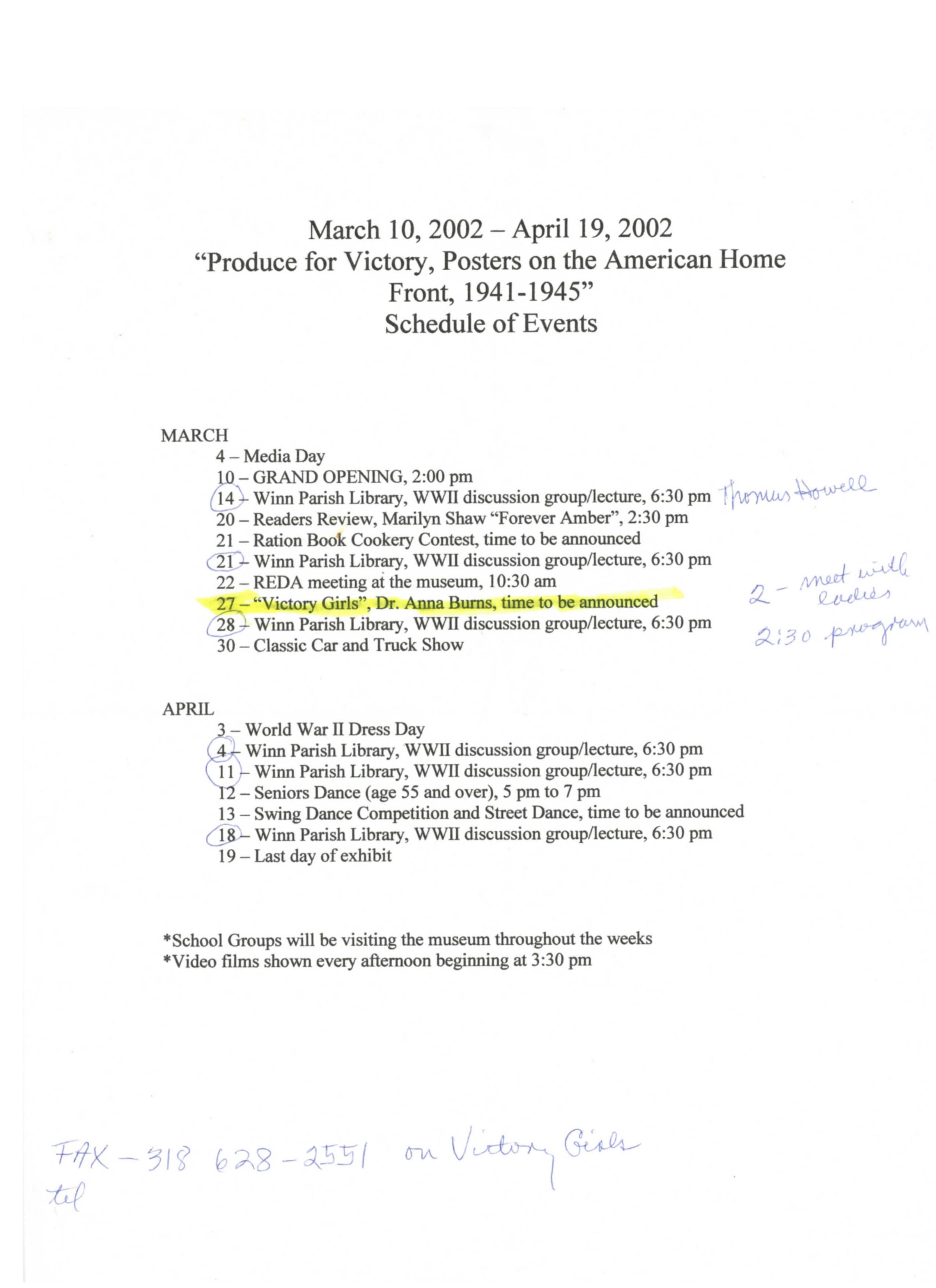 Schedule of Events: Page 1