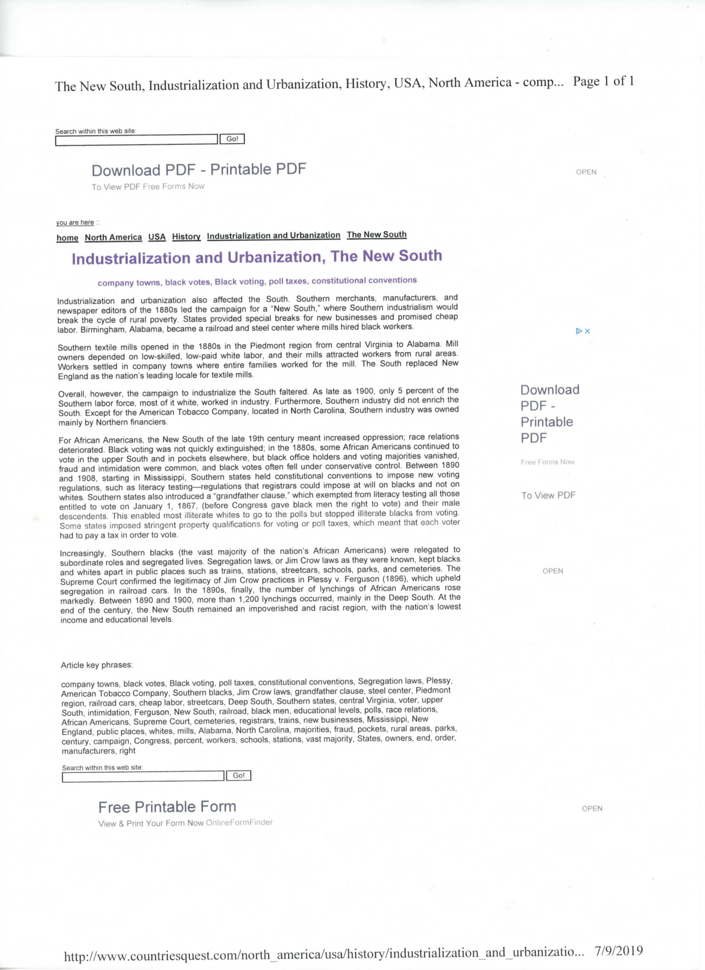 Industrialization and Urbanization, the New South